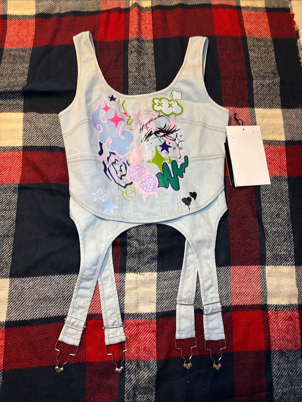 Light Wash Graphic Denim Tank Top with Garter Straps